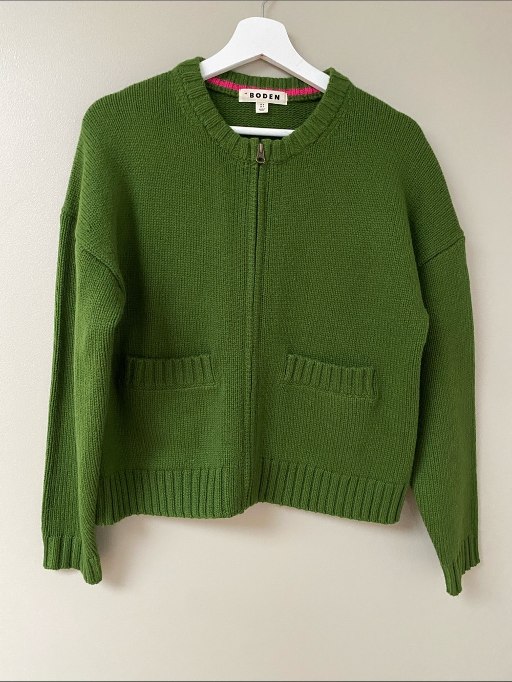 Boden Olive Green Zip-Front Chunky Wool Knit Cardigan size 4